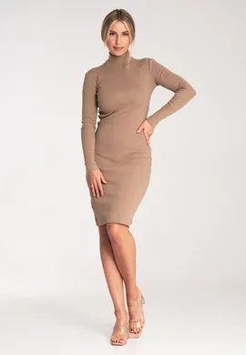 Elegancka sukienka bawełniana - sukienka z golfem - M1042 beżowa rozmiar L