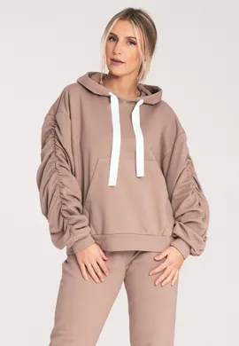 Bluza damska z kapturem - Bluza z bufiastymi rękawami - Bluza beżowa M1055 rozmiar L