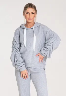 Bluza damska z kapturem - Bluza z bufiastymi rękawami - Bluza szara M1055 rozmiar L