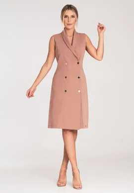 Żakietowa sukienka midi - elegancka sukienka z guzikami - beżowa sukienka M1067 rozmiar L