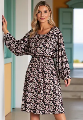 Bufiasta sukienka - Sukienka kimonowa - Czarna sukienka w kwiaty M1128 L/XL