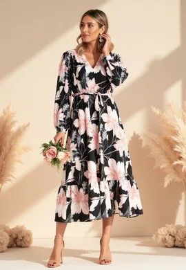 Sukienka w kwiaty z falbankami - Sukienka wiązana w pasie - Czarny sukienka M1140 r. L/XL