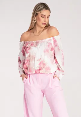 Bluzka hiszpanka w kwiaty - Bluzka z bufiastymi rękawami - Różowa bluzka M1142 r. L/XL