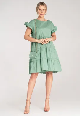 Bawełniana sukienka na lato - Sukienka falbanki - Zielona sukienka M1182 r. L/XL