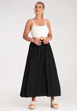Długa zwiewna spódnica - Spódnica na gumce z paskiem - Czarna M1221 r. L/XL