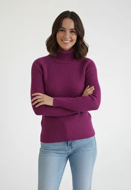 Gruby sweter z golfem - Sweter na zimę - Sweter damski fuksja M1267 r. L