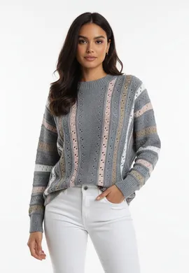 Sweter damski oversize - Ażurowy sweter damski - Szary sweter M1276 r. L