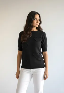 Sweter w serduszka damski - Sweter damski z krótkim rękawem - Czarny M1278 r. L