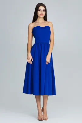 Elegancka niebieska sukienka midi bez ramiączek z falbanką - M602 rozmiar L