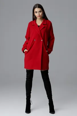 Czerwony elegancki płaszcz damski z guzikami M625 rozmiar L/XL
