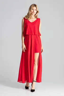 Elegancka czerwona sukienka z rozcięciem oraz dekoltem V - M691 rozmiar L