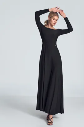 Elegancka czarna sukienka maxi z odkrytymi ramionami i długimi rękawami - M707 rozmiar L