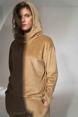 Bluza welurowa damska - bluza damska z kapturem beżowa M745 rozmiar L