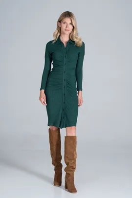 Elegancka prążkowana sukienka koszulowa midi z długim rękawem - M824 rozmiar L