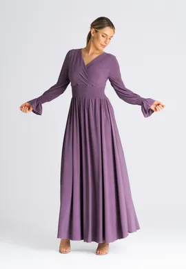 Elegancka sukienka z gumką w pasie - sukienka z zakładanym dekoltem fioletowa M940 rozmiar L/XL