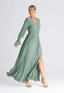 Elegancka sukienka z gumką w pasie - sukienka z zakładanym dekoltem oliwkowa M940 rozmiar L/XL