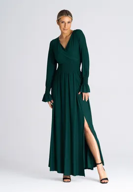 Elegancka sukienka z gumką w pasie - sukienka z zakładanym dekoltem zielona M940 rozmiar L/XL