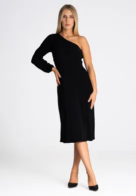 Elegancka sukienka na jedno ramie z długim rękawem czarna M962 rozmiar L