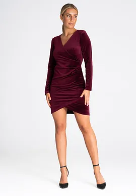 Welurowa sukienka elegancka - Sukienka mini dopasowana bordowa M963 rozmiar L